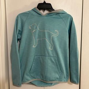The Black Dog girls XL light blue hoodie with gray trim hood logo front pocket